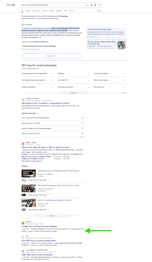 An image showing the google SERP. It shows an AI overview, followed by featured snippets, recommended videos and sponsored posts. More than half way down the page, a green arrow marks out the first organic search result. 